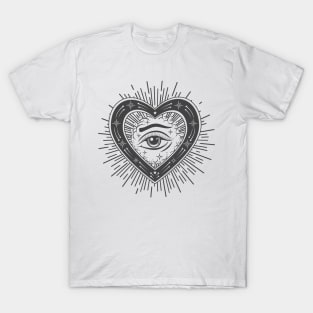 Eye of Providence tattoo. Masonic symbol. All seeing eye inside shape of heart. Symbol of Sacred geometry, religion, spirituality, occultism. T-Shirt